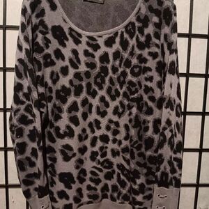 New York & Company Gray and Black Leopard Scoop Neck Sweater